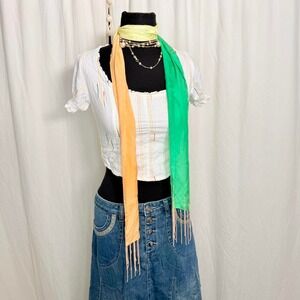 Y2K Satin Ombré Beaded Fringe Skinny Scarf Fairycore Boho
